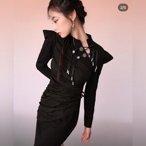 Mukzin Mid-Length Slanted Placket Black Cheongsam Dress